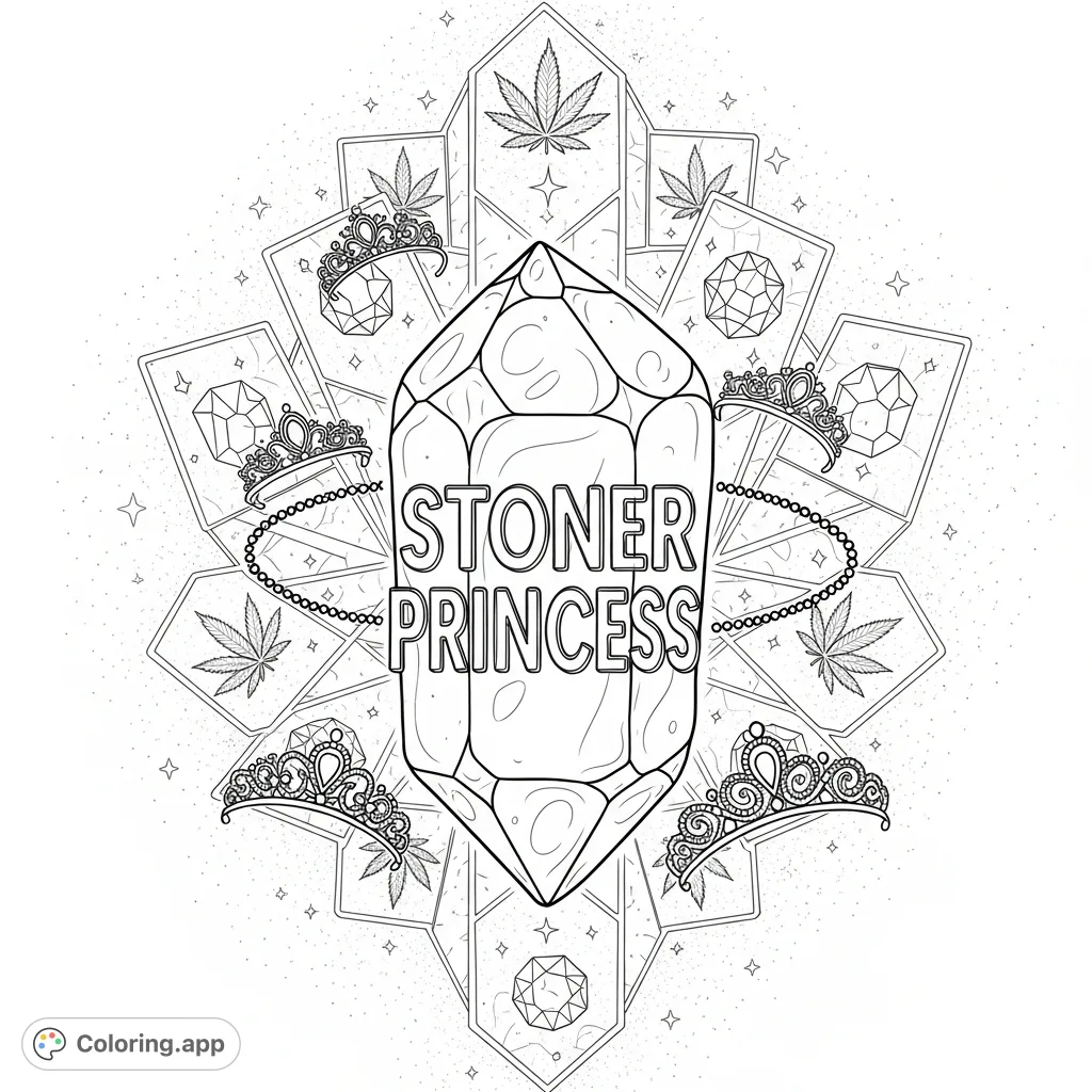 Explore a cosmic scene with 'STONER PRINCESS' carved into a floating crystal, surrounded by geometric panels featuring cannabis leaves and sparkling gems.