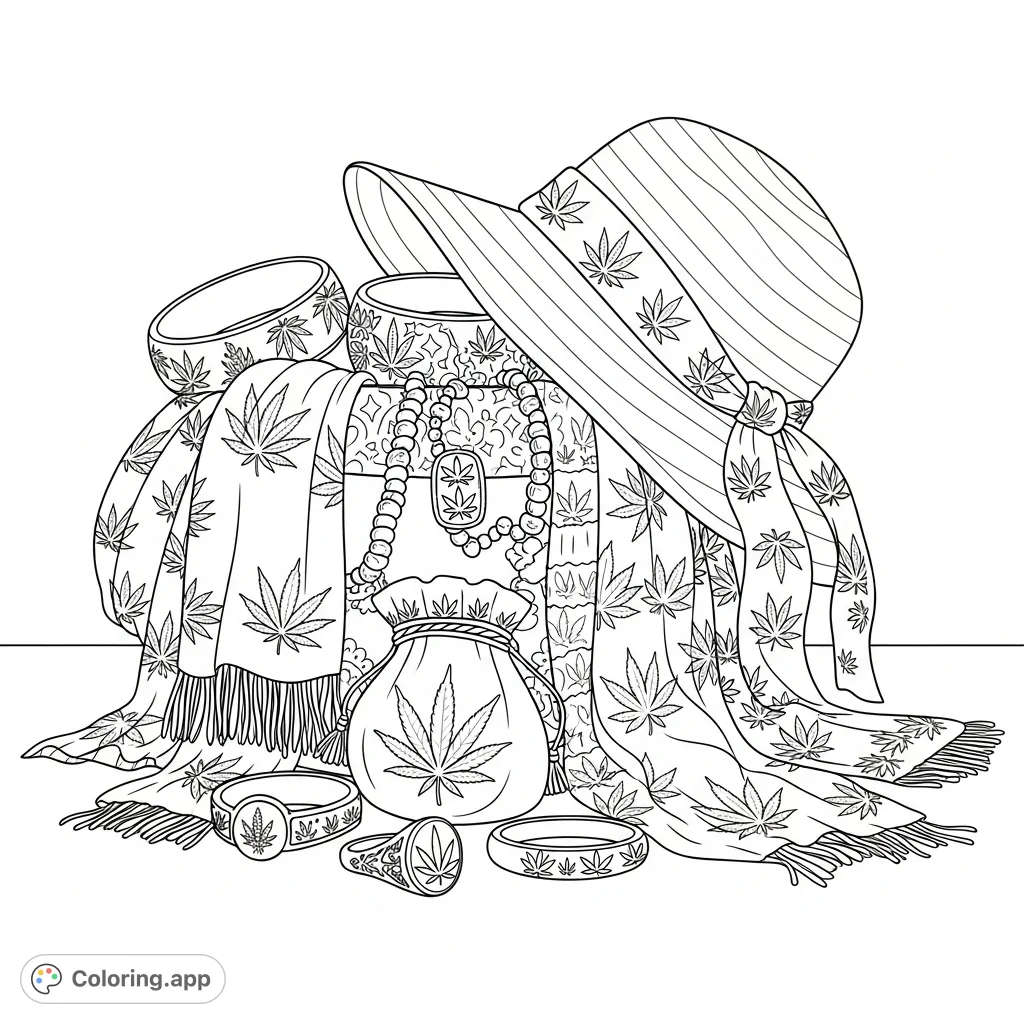 Explore a stylish collection of girly accessories, featuring a sun hat, scarves, and jewelry, all adorned with intricate cannabis leaf designs, spilling from a hat box.