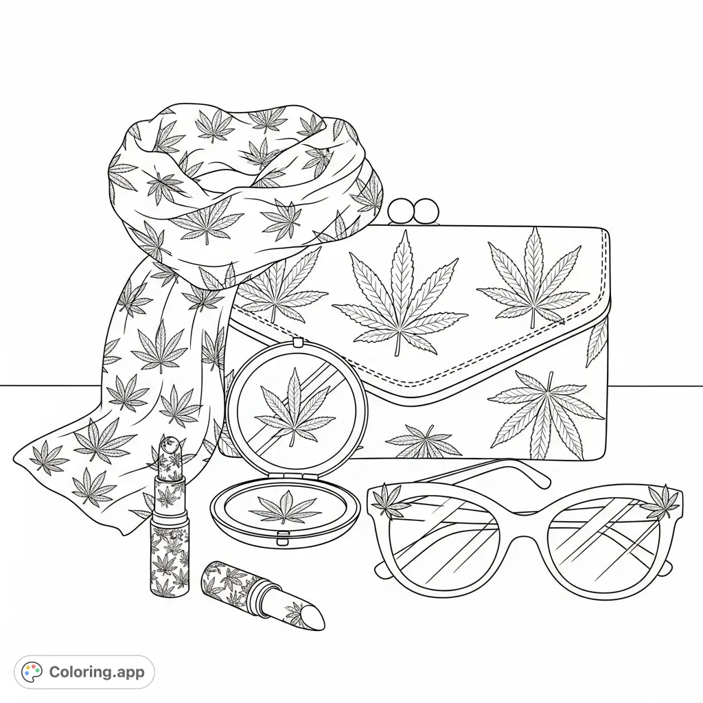 Discover a stylish arrangement of feminine accessories, each adorned with intricate cannabis leaf patterns. A sophisticated design for adult colorists.