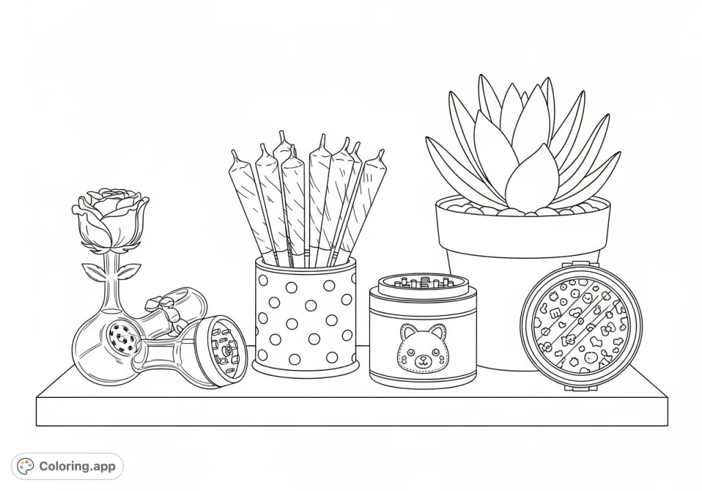 Discover a stylish display of rolled joints, a rose-shaped pipe, animal motif grinder, and whimsical compact on a minimalist shelf. Perfect for adults.