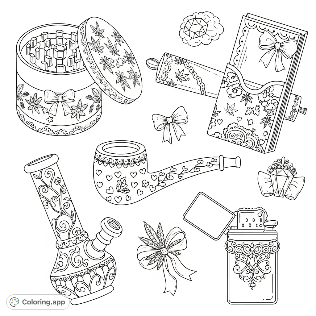 Explore a stylish collection of cannabis accessories, featuring intricate floral designs, delicate patterns, and elegant embellishments for a sophisticated coloring experience.