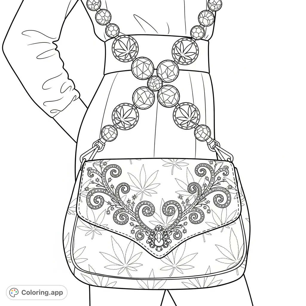A stylish individual's hip features a large purse patterned with cannabis leaves, iridescent beads, and intricate embroidery, offering a unique fashion coloring page.