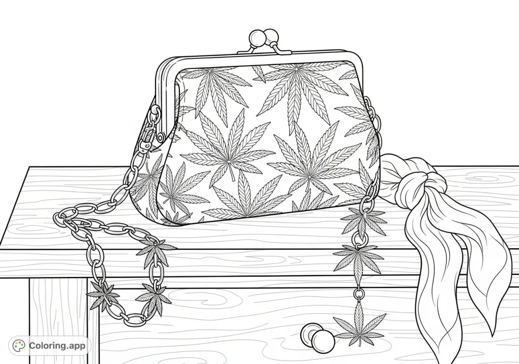 A stylish purse with intricate marijuana leaf patterns, a leaf-link strap, and a cannabis plant charm, resting on a polished dresser. Perfect for detail-oriented colorists.
