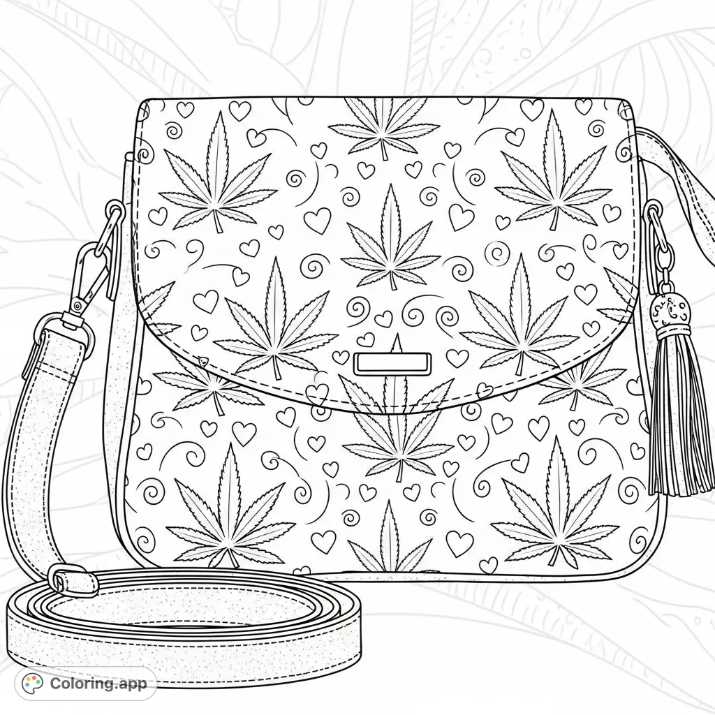An elegantly designed shoulder bag featuring a unique 'girly' pattern with cannabis leaf silhouettes, tiny hearts, and whimsical swirls. Perfect for adults.