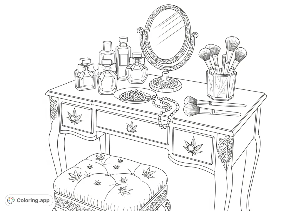 Elegant bedroom vanity featuring a dressing table with unique botanical leaf etchings, a plush stool, and an array of personal accessories. A sophisticated coloring page.