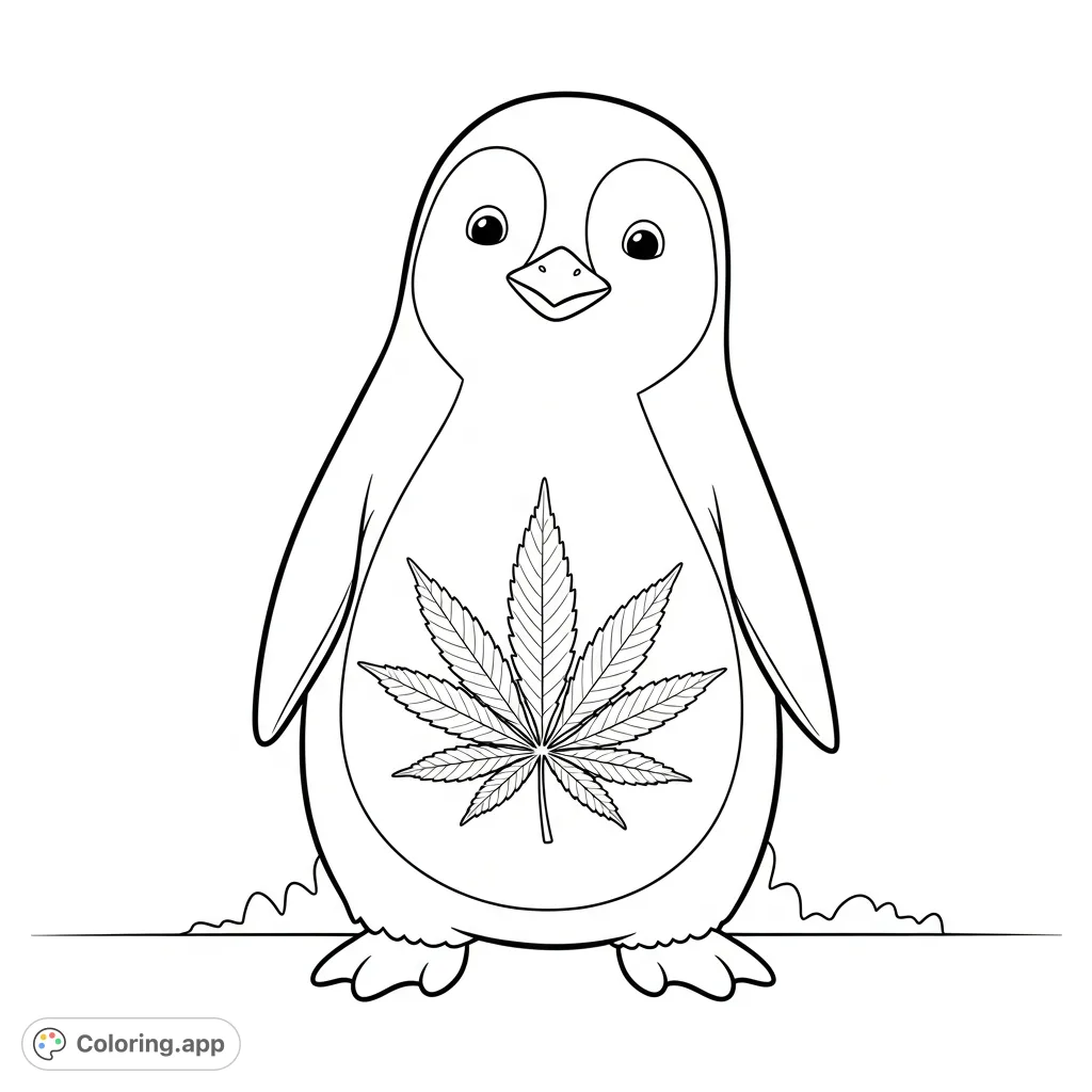 A delightful marijuana penguin coloring page featuring a cheerful penguin adorned with a detailed cannabis leaf, perfect for relaxation and creative expression.
