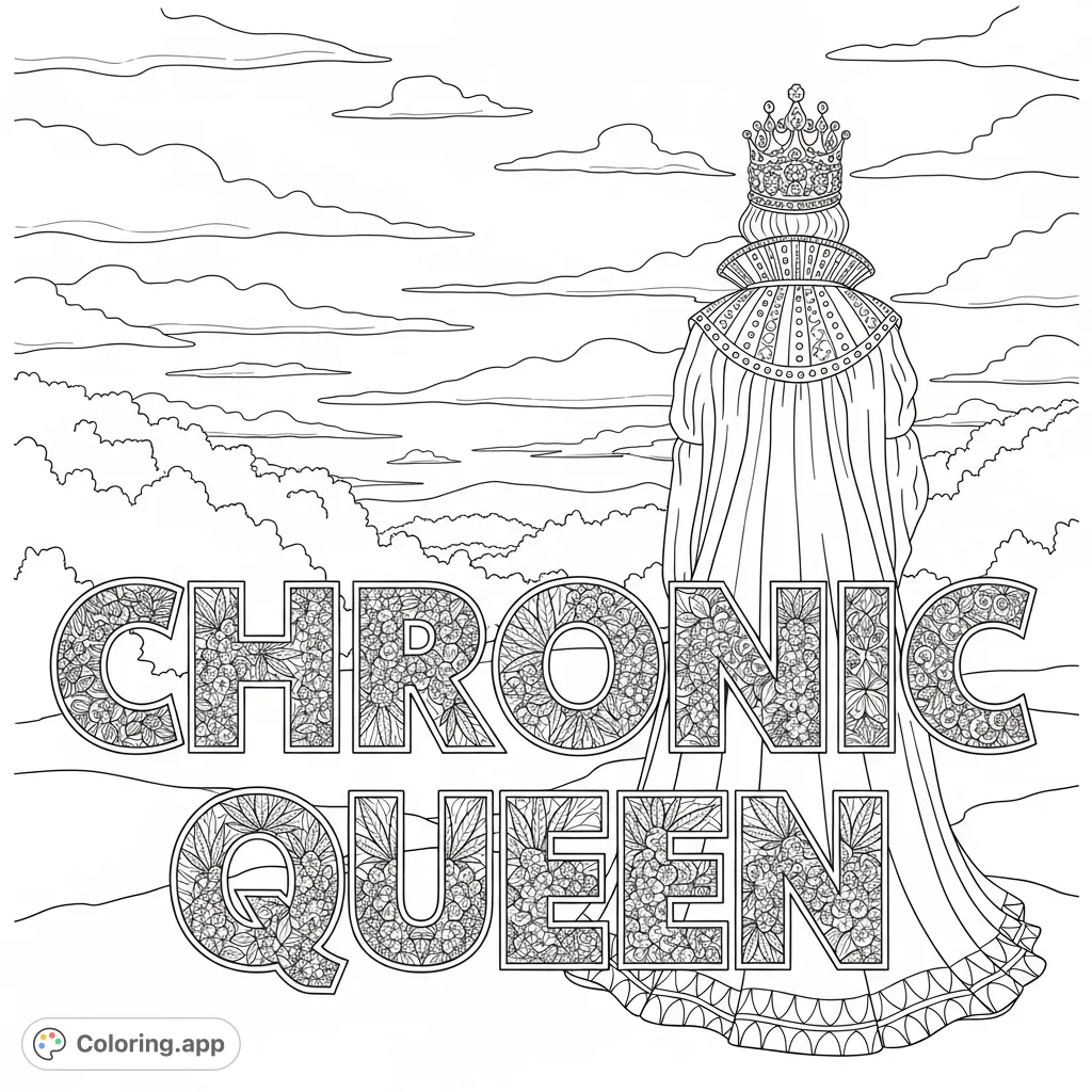 A powerful Chronic Queen stands regally before a lush landscape, framed by decorative block letters filled with intricate cannabis leaf and bud mosaics.