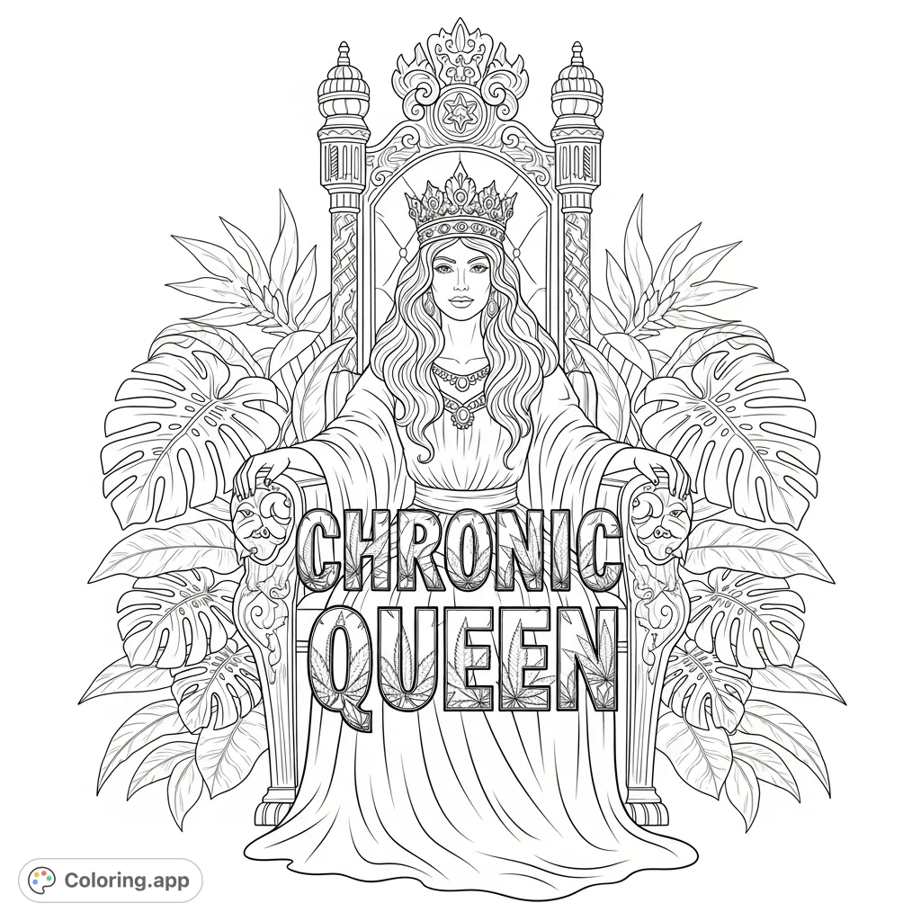 Color a majestic woman, crowned and robed, on an ornate throne with "Chronic Queen" carved with intricate cannabis leaf patterns. Surrounded by lush plants.
