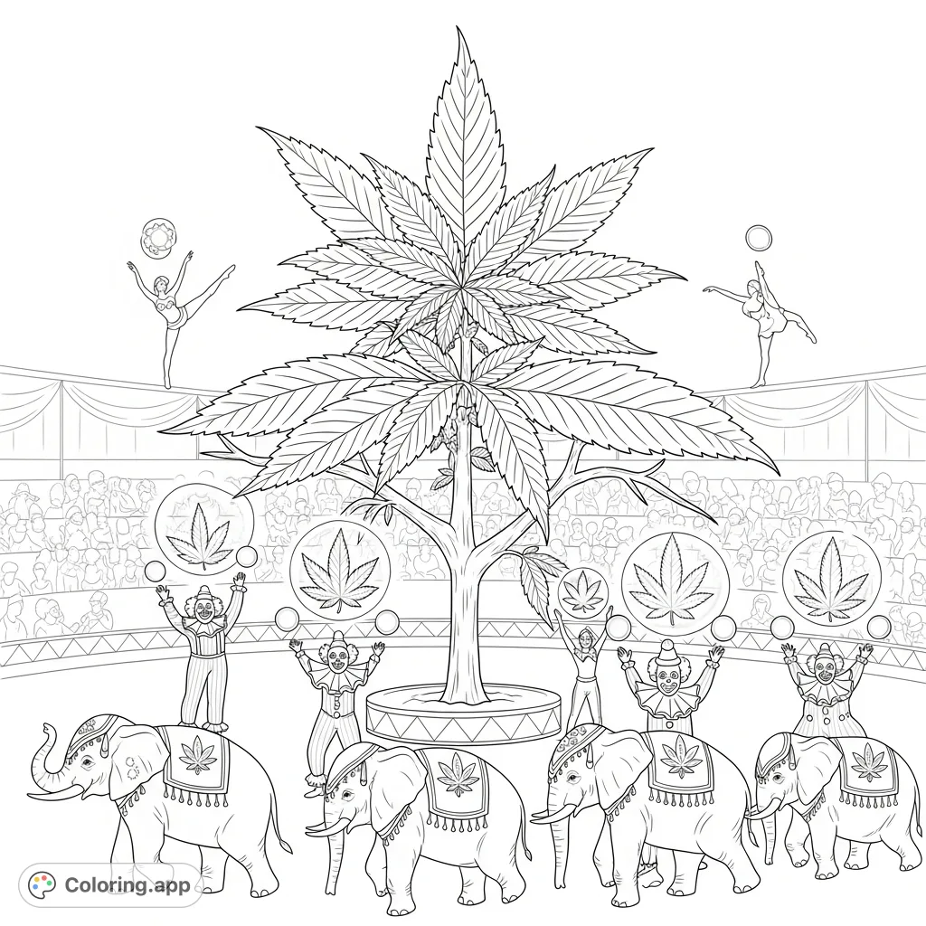 A whimsical circus scene featuring a giant cannabis plant, juggling clowns, acrobats, and parading elephants with cannabis-themed adornments. A unique coloring page.