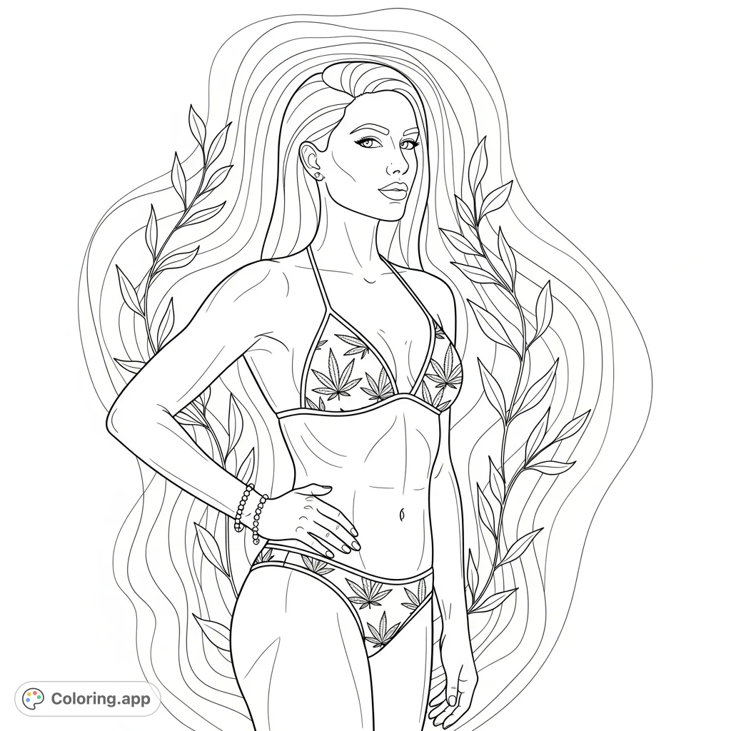 A powerful woman in a cannabis leaf bikini, with a delicate bracelet, set against a dynamic background of flowing lines and botanical forms. A unique artistic statement.