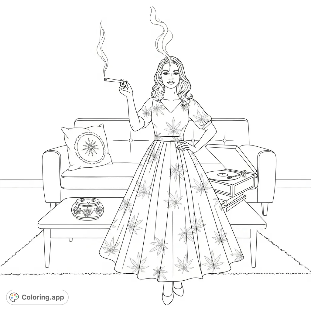 A confident woman in a cannabis-patterned dress enjoys a moment in a cozy mid-century living room. Features a lit cigarette, smoke, and vintage decor.