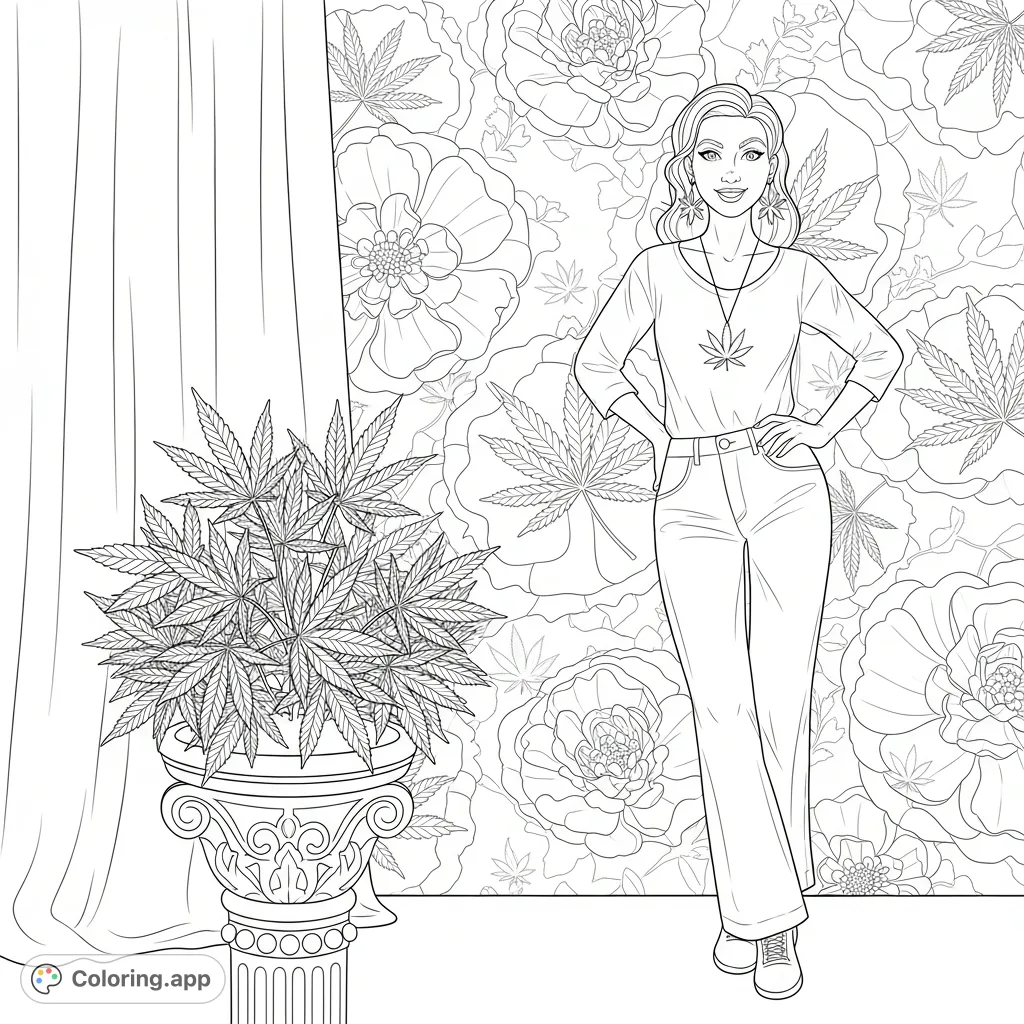 A confident woman leans against a wall with floral and subtle marijuana leaf patterns, showcasing cannabis accessories, with a potted plant in the foreground.