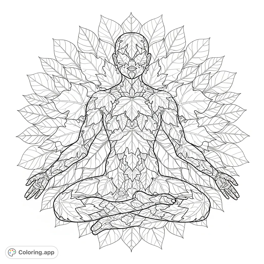 An intricate overhead view of a human figure meditating, artfully composed of layered leaves, centered within an expansive, organic mandala design.