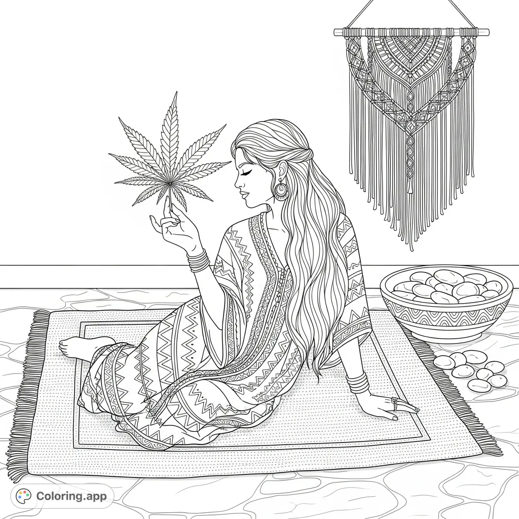 Discover a serene coloring page featuring a woman in quiet contemplation, holding a cannabis flower, surrounded by detailed textures and natural elements.
