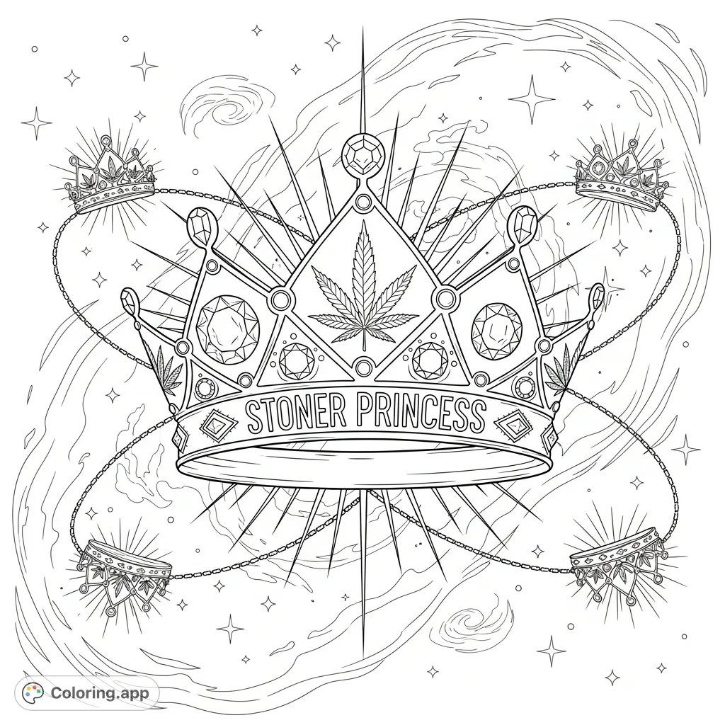 A radiant geometric crown featuring "stoner princess" text, cannabis leaves, and jewels floats amidst swirling cosmos with orbiting tiaras. A unique, detailed coloring page.
