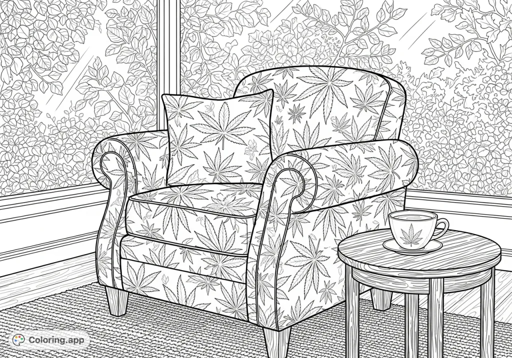 Discover a unique cannabis leaf coloring page featuring a plush armchair, elegant side table, and serene garden view. Perfect for adult colorists!