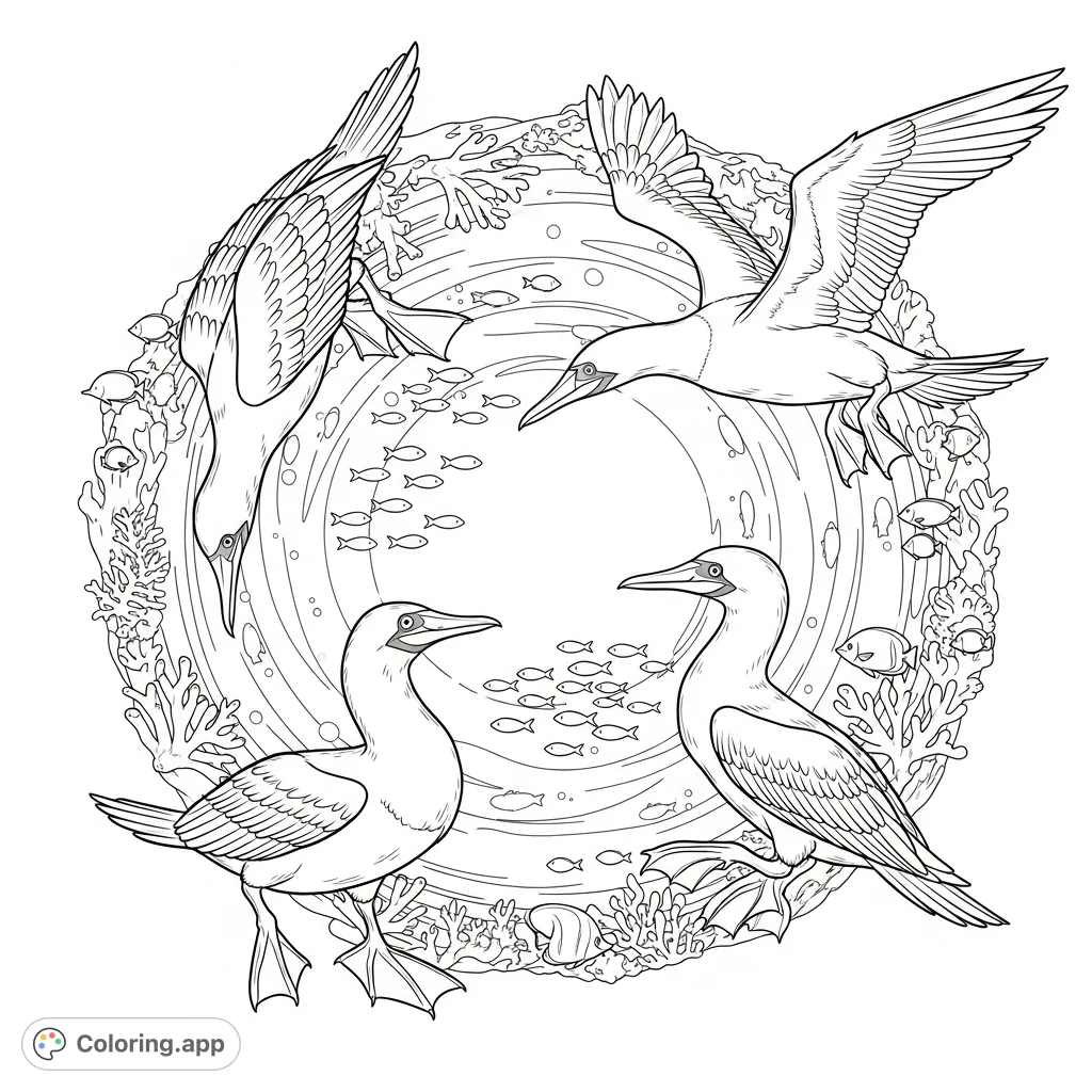 Explore a dynamic circular booby coloring page! Featuring boobies diving, flying, and dancing amidst swirling currents and intricate coral within a mandala design.