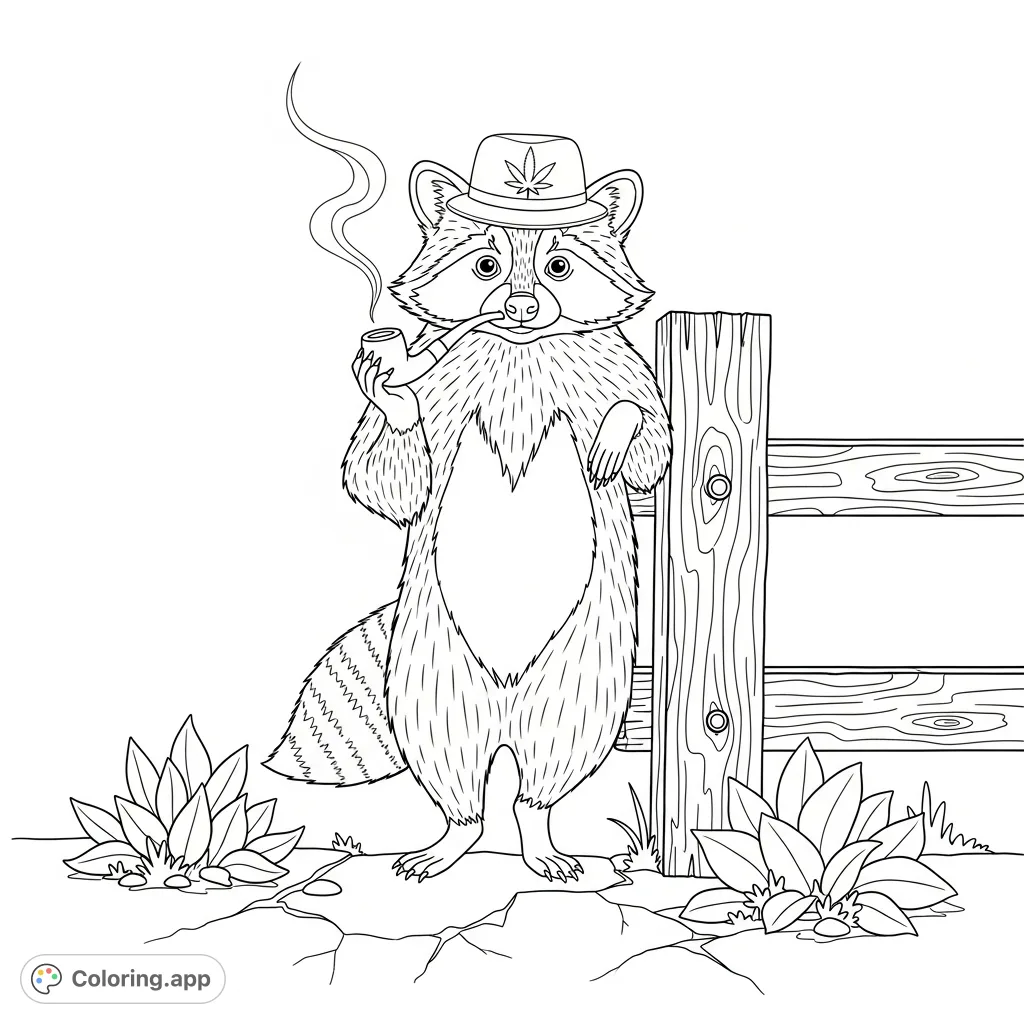 Color a dapper raccoon leaning against a weathered fence, sporting a cannabis leaf hat and pipe, amidst an urban garden of broad-leaf plants.