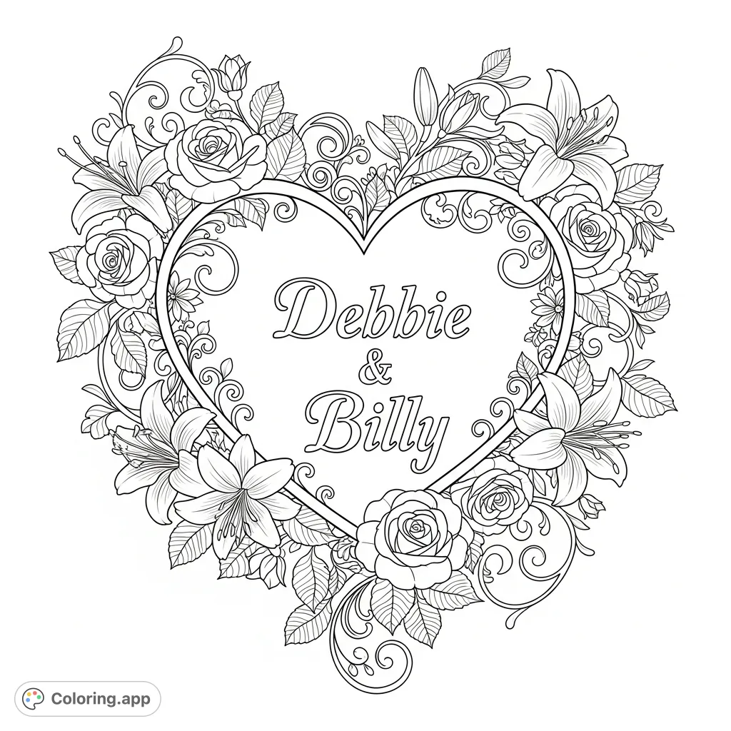 Celebrate love with this beautiful Debbie and Billy coloring page featuring an ornate heart, their names, romantic florals, and delicate filigree patterns.