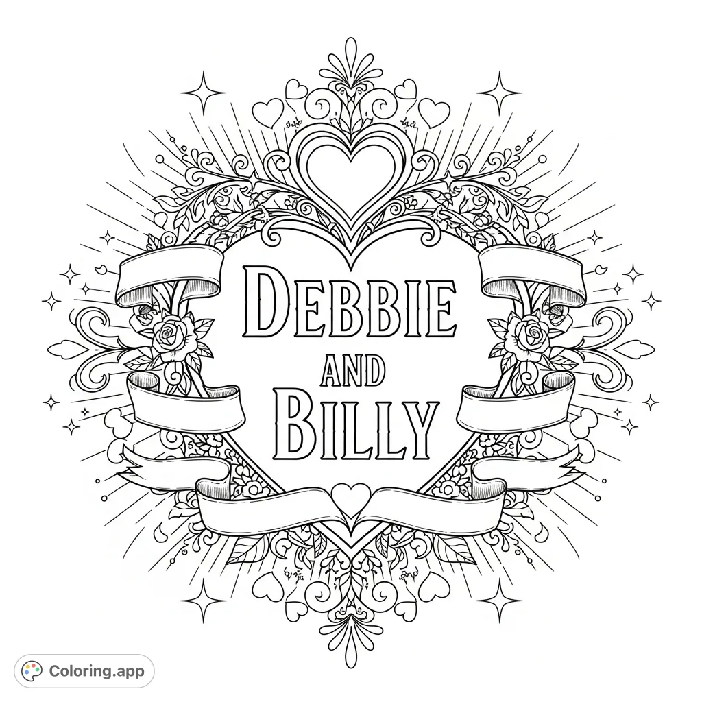 Celebrate love with this beautiful Debbie and Billy coloring page. Features names within an ornate heart, surrounded by romantic florals and filigree.