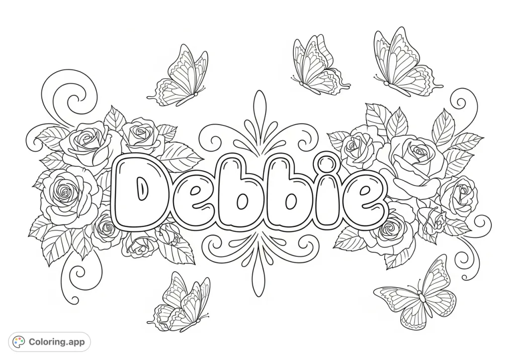 Personalize 'Debbie' in a delightful bubble font, surrounded by blooming roses and graceful butterflies. A charming, free printable coloring page for all ages.