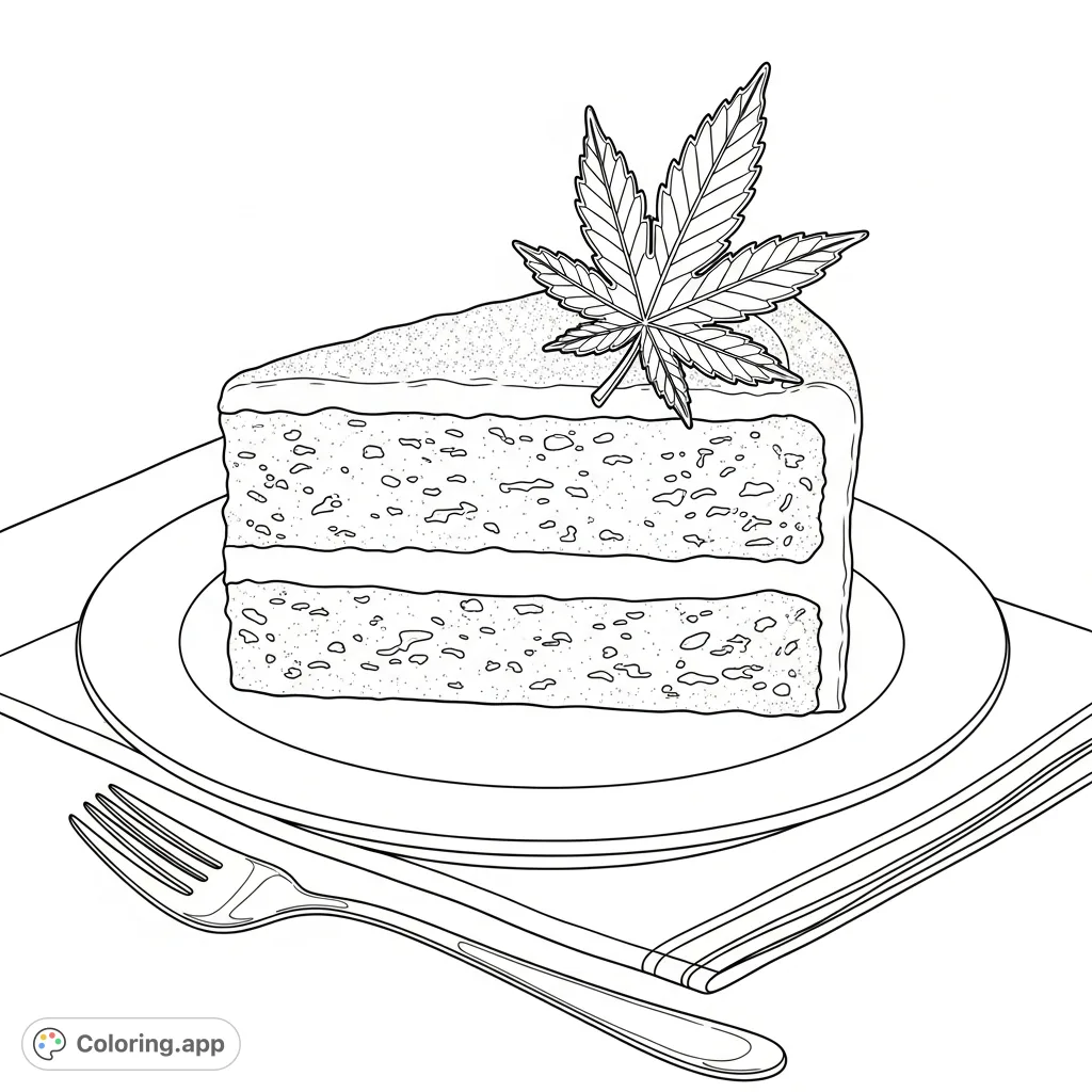 Indulge in this detailed coloring page featuring a generous slice of cake, creamy frosting, edible glitter, and a perfectly crafted sugar cannabis leaf.