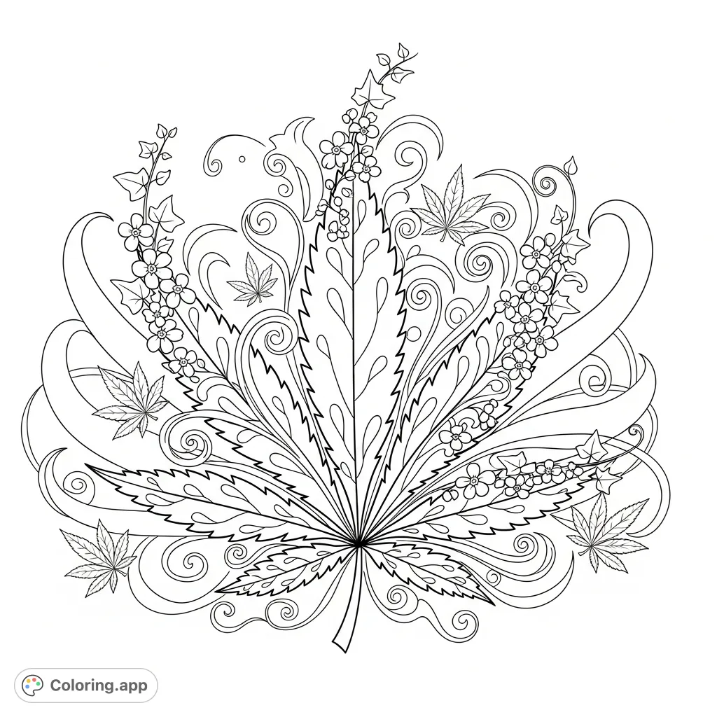 An elegant marijuana leaf design featuring intricate veins, forget-me-not clusters, ivy, and abstract botanical patterns, perfect for a calming coloring session.