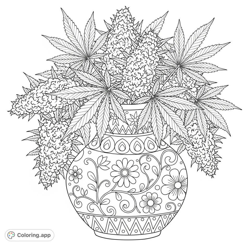 An intricate, close-up marijuana vase coloring page featuring bold, feminine patterns and detailed cannabis leaves and buds, perfect for adult colorists.