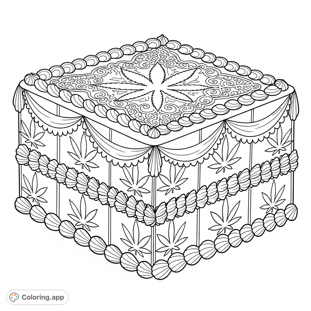 A stunning, multi-layered square cake adorned with intricate cannabis leaf patterns and delicate frosting designs, perfect for a unique adult coloring challenge.