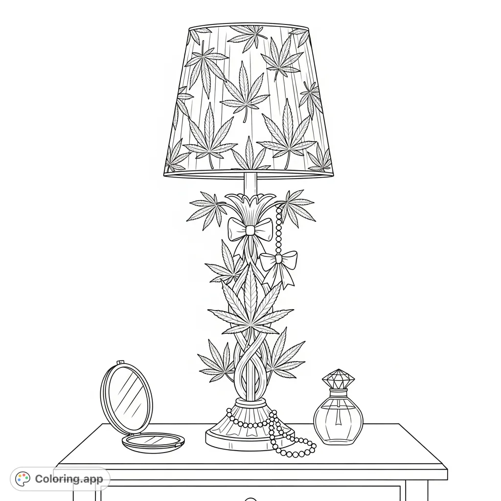 An elegant table lamp with intricate cannabis leaf and vine patterns, pearls, and bows, set on a polished vanity table with a mirror and perfume bottle.