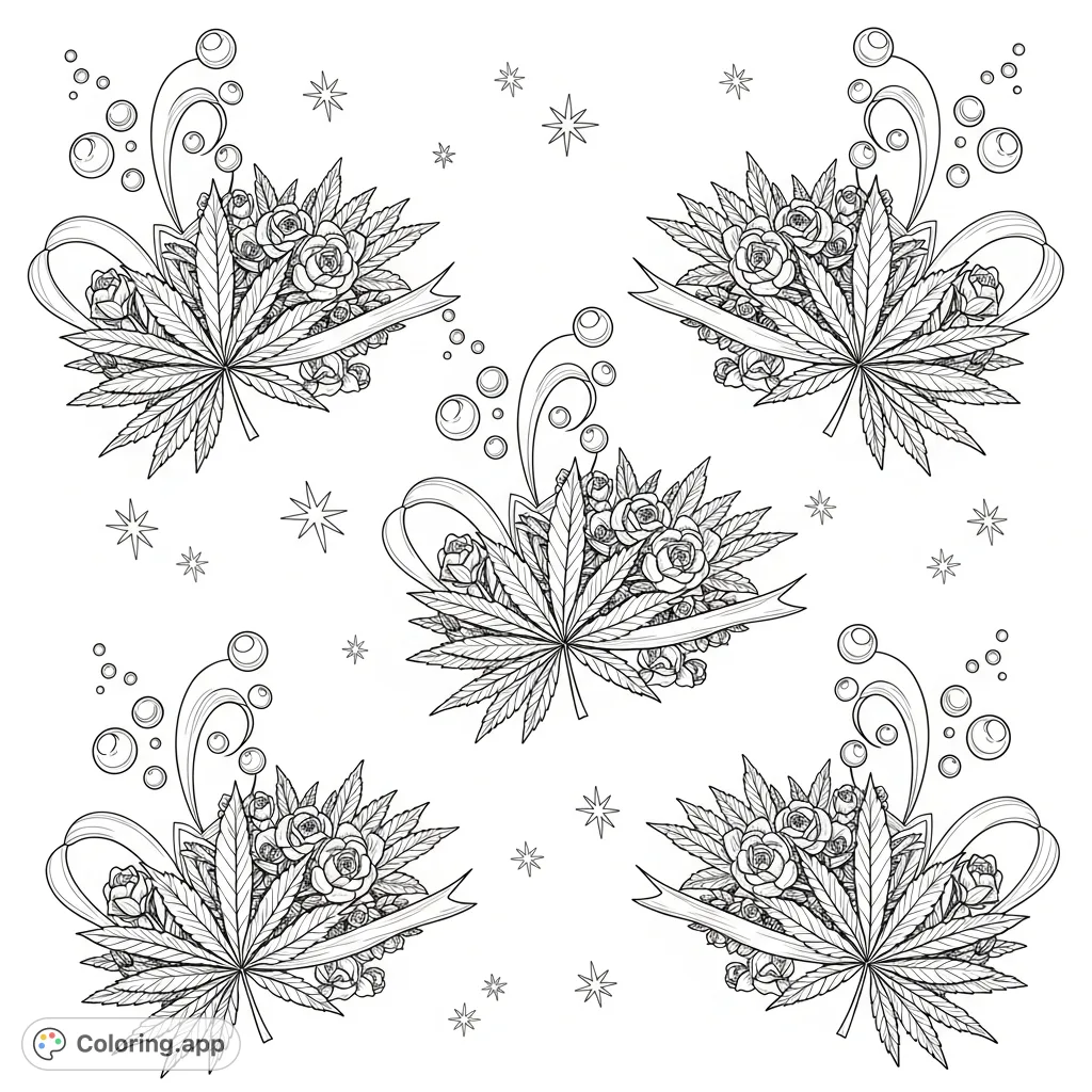 A dynamic, repeating pattern of stylized cannabis leaves with swirling ribbons, delicate rosebuds, and ornate stars, offering a unique decorative coloring page for adults.