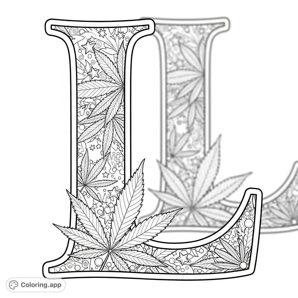 A close-up of a decorative capital L filled with an intricate cannabis leaf pattern, accented by tiny stars and pearl-like beads. Perfect for detailed coloring.