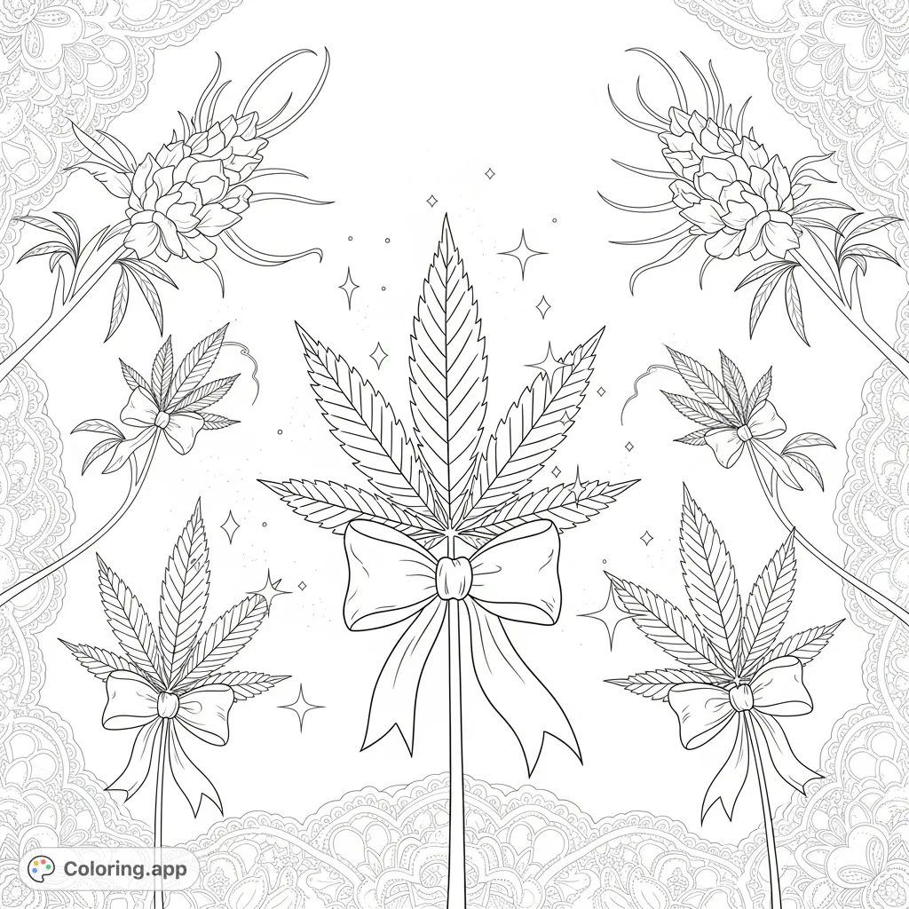 Discover an intricate cannabis leaves coloring page with delicate leaves, satin bows, whimsical floral buds, and elaborate lace motifs for a serene experience.