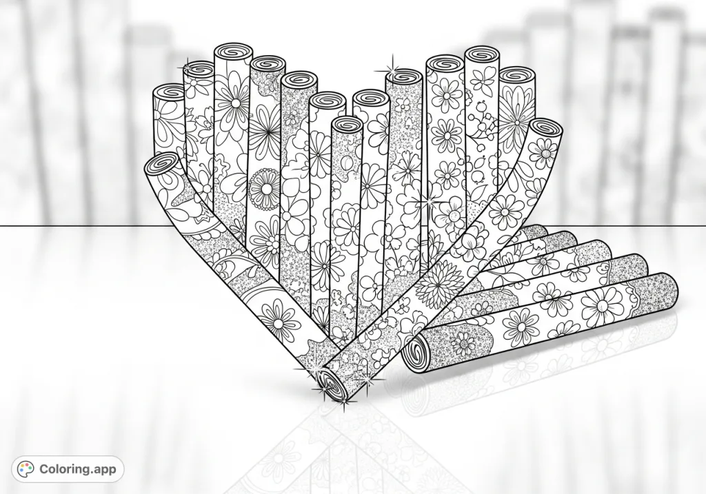 Discover a delicate floral heart arrangement of slender, rolled items, each with intricate motifs and sparkling accents, resting on a reflective surface. A captivating design.