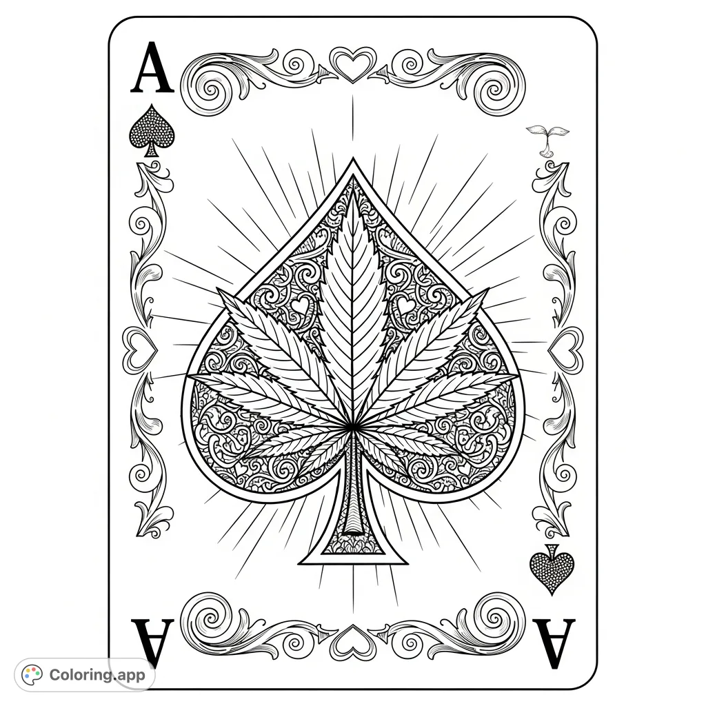 Experience this intricate Ace of Spades coloring page, featuring a detailed cannabis leaf within the iconic spade. Perfect for adult colorists seeking a unique challenge.