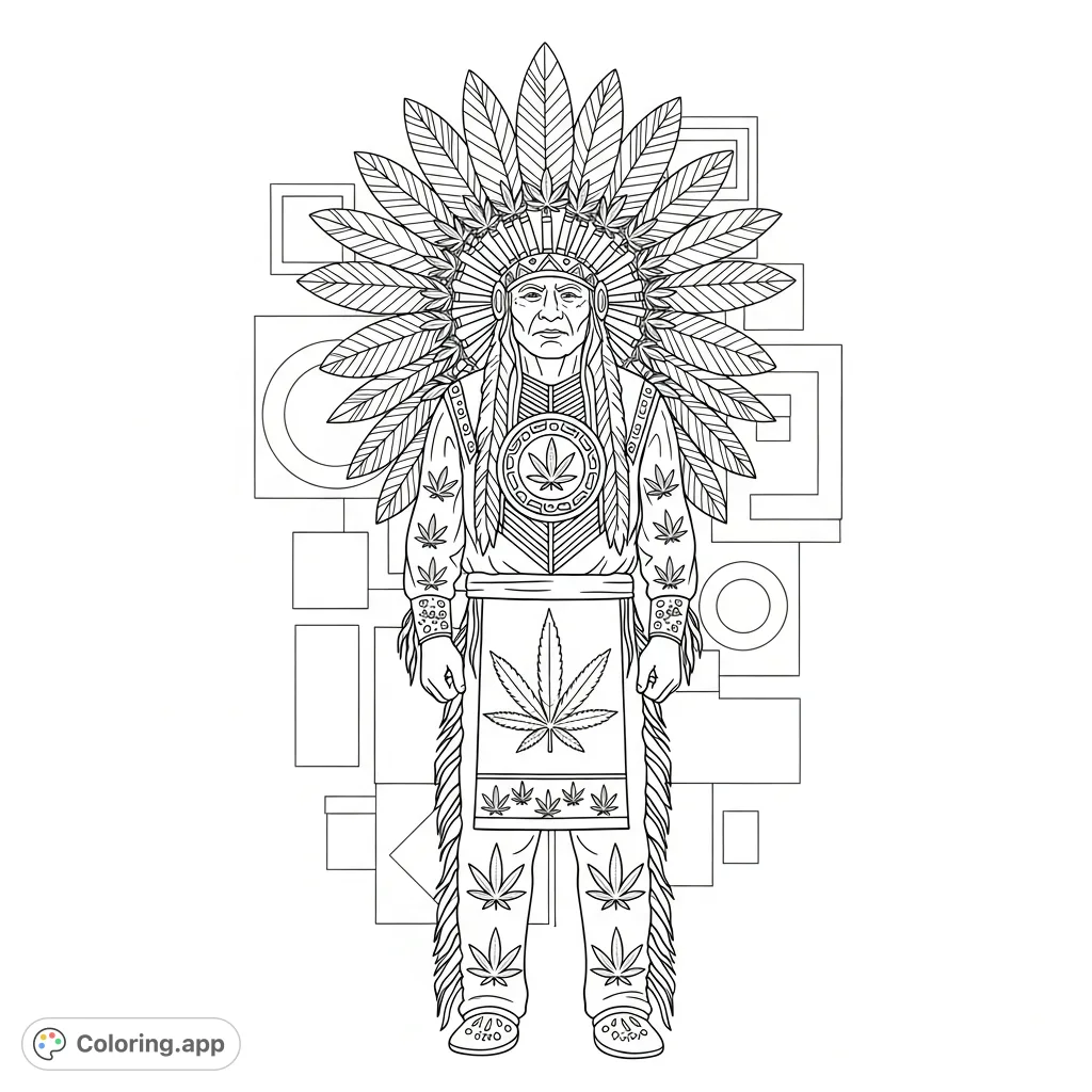 Color a majestic Native American chief featuring a grand feathered headdress with cannabis leaves, traditional clothing with cannabis patterns, and an abstract geometric background.