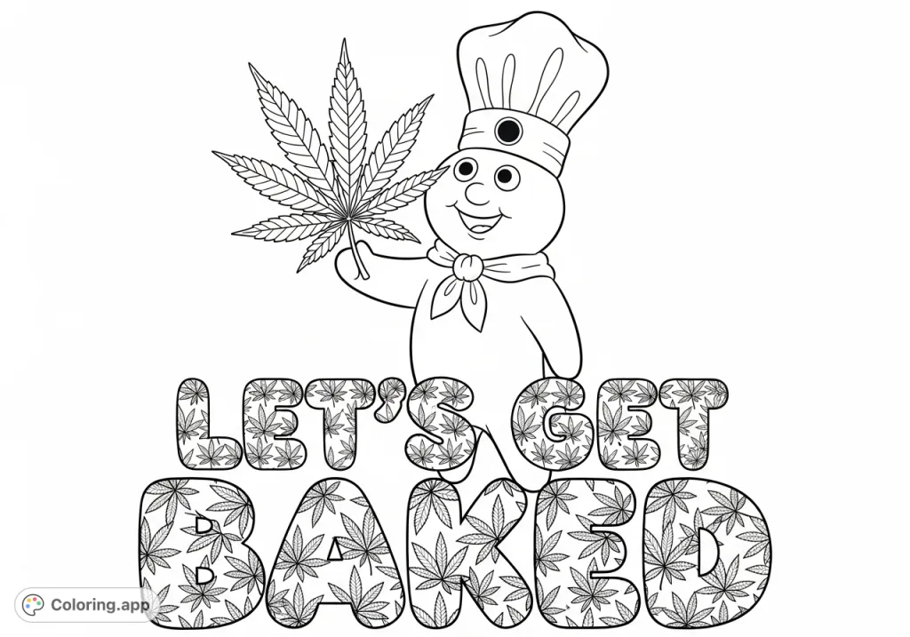 A cheeky Pillsbury Doughboy holds a cannabis leaf above 'Let's Get Baked' in bubble letters filled with leaf patterns. A fun, detailed adult-themed coloring page.