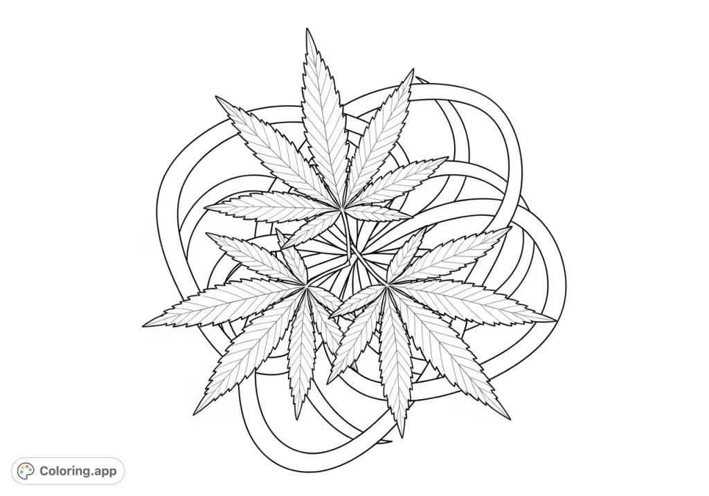 A striking cannabis leaf radial pattern, featuring three detailed leaves and sweeping arcs for a unique adult coloring experience. Perfect for relaxation and creativity.