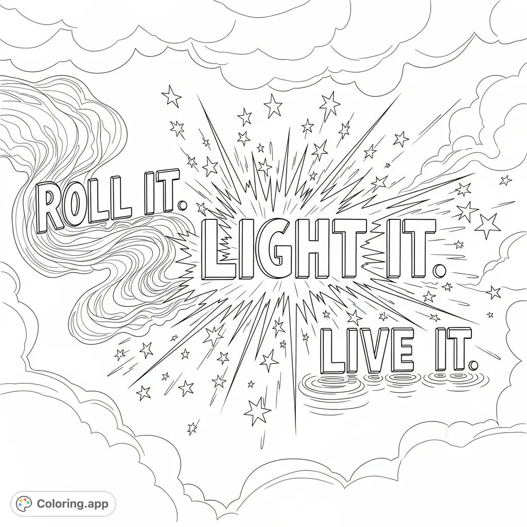 Experience the explosive energy of "Roll it. Light it. Live it." with dynamic typography, wispy trails, starbursts, and pulsating rings in an atmospheric setting.