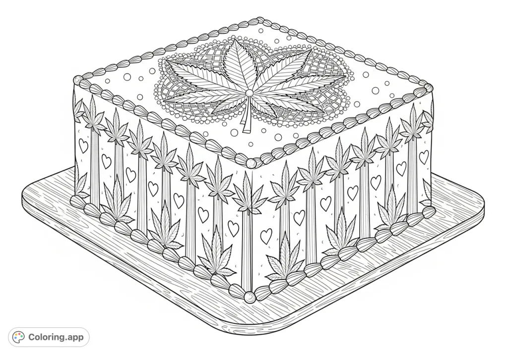 An intricate coloring page featuring a multi-layered square cake adorned with stylized cannabis leaves and delicate sugar lace, resting on a wooden platter.