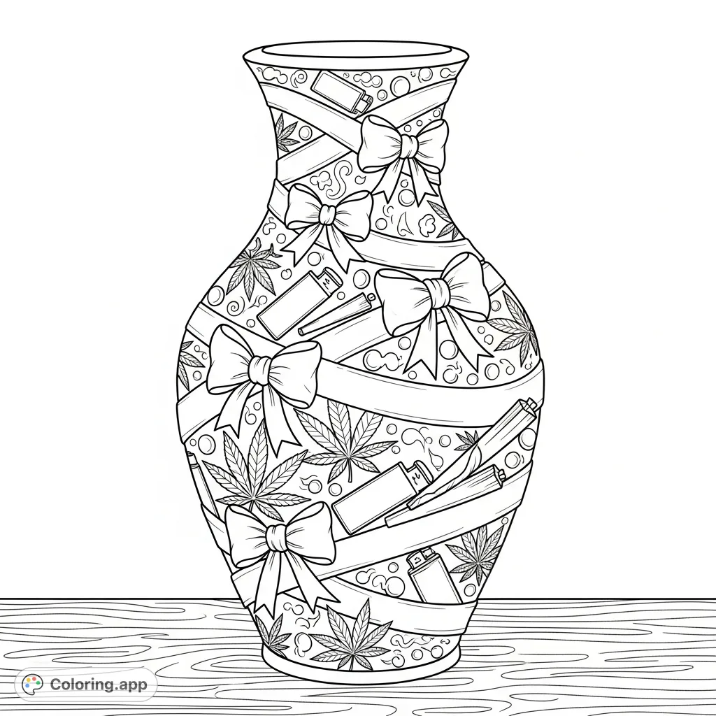 An intricate ceramic vase adorned with swirling ribbons, stylized bows, detailed marijuana leaves, rolling papers, and lighters, standing on a wooden table.