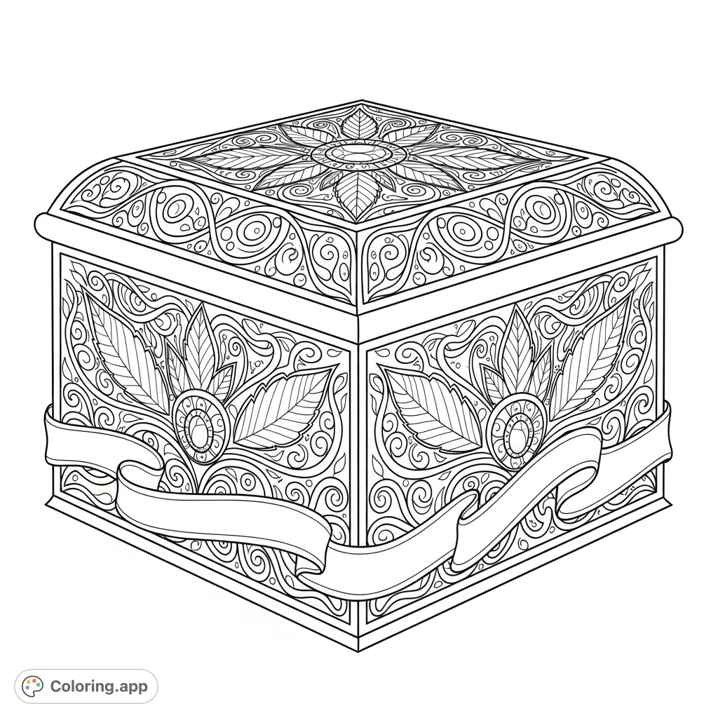 An intricately detailed trinket box featuring stylized botanical leaf patterns, filigree, and ribbon-like elements, offering an elegant coloring experience.