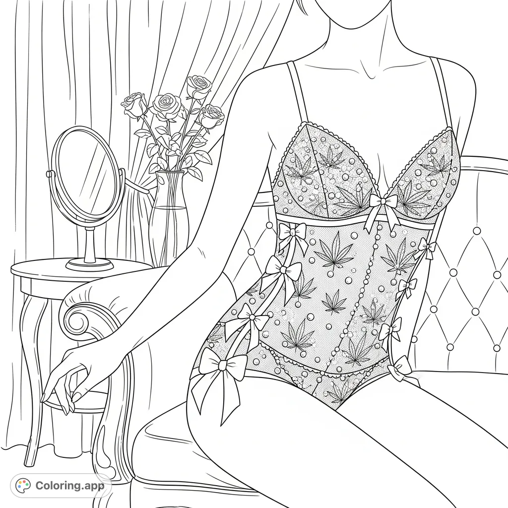 A graceful woman in intricately patterned lace lingerie on a chaise lounge, surrounded by elegant accessories. A sophisticated adult coloring page.