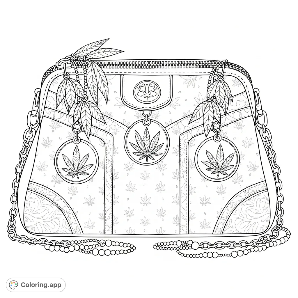 An elegantly shaped purse adorned with Marijuana leaf charms, cannabis flower emblems, and intricate patterns. Surrounded by delicate beads and chains, showcasing a unique, refined style.