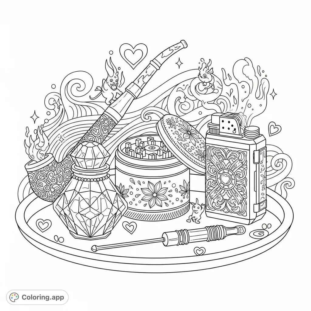 An elegant collection of women's marijuana accessories, including an ornate pipe, floral grinder, and gemstone jar, displayed on a circular tray.