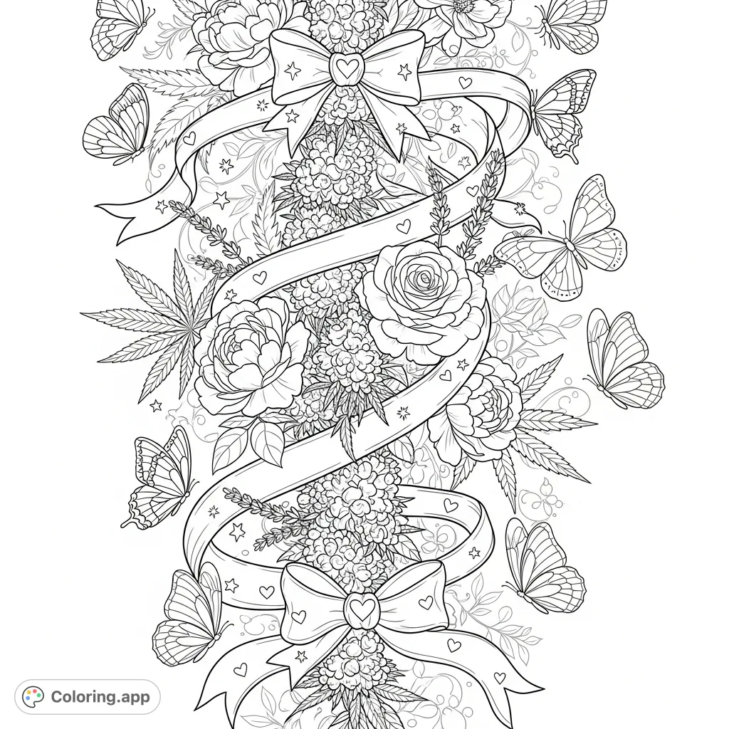 An elegant cannabis garland coloring page, featuring interwoven leaves, plump buds, roses, peonies, lavender, and butterflies, all adorned with a flowing ribbon.