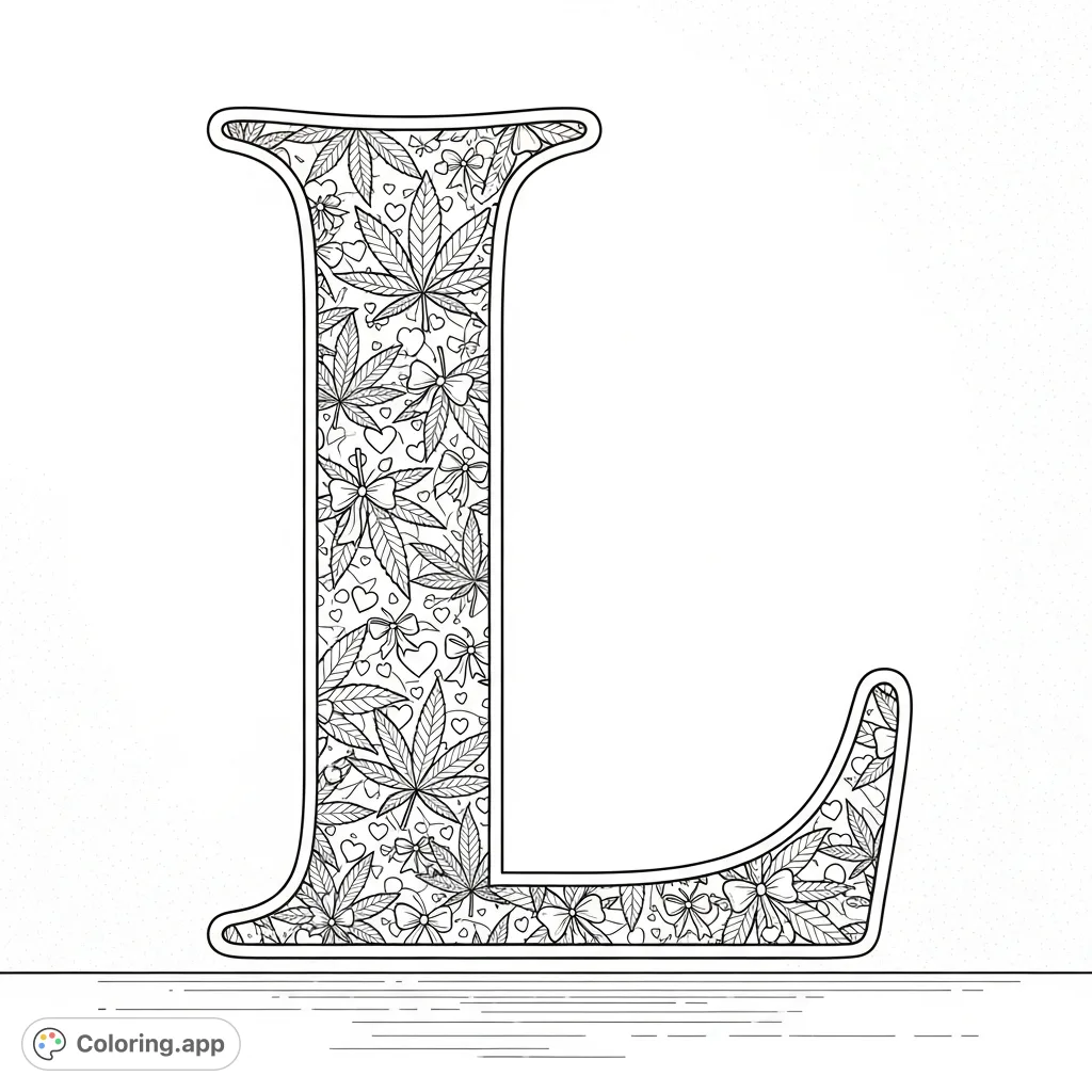An elegant initial L adorned with intricate cannabis leaf patterns, delicate bows, and miniature hearts, perfect for personalized, sophisticated adult coloring fun.
