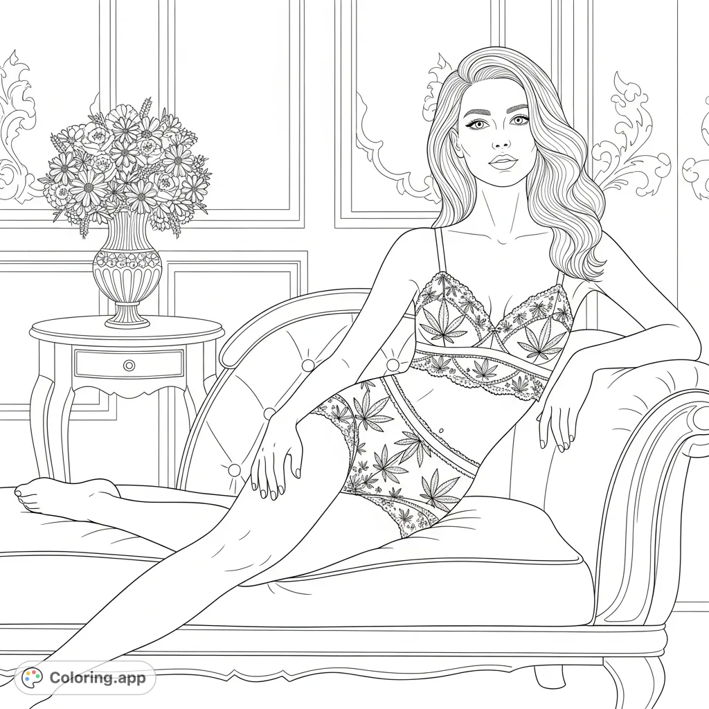 An elegant woman reclines on a plush chaise, adorned in delicate lace lingerie with intricate cannabis leaf patterns. A sophisticated, feminine scene.