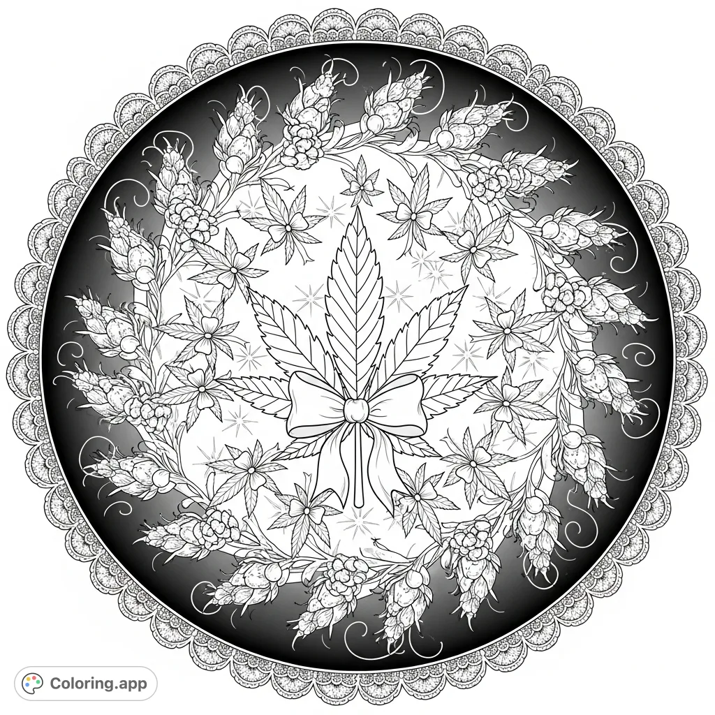 An intricate cannabis leaf design, adorned with delicate bows, surrounded by floral tendrils and an ornate lace frame. A sophisticated botanical coloring page.
