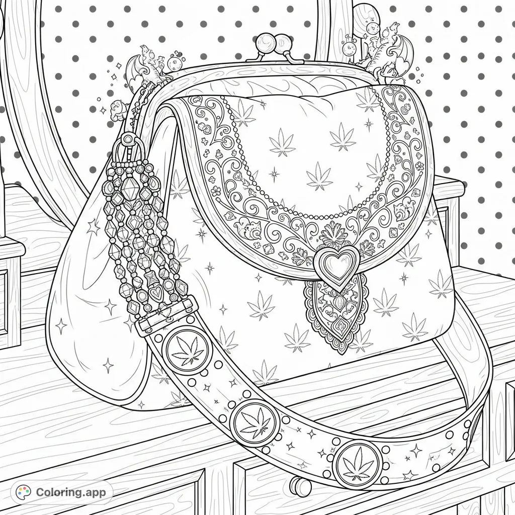 Discover a unique cannabis leaf purse coloring page, featuring intricate details, sparkling accents, and elegant vine embellishments on a polished vanity.